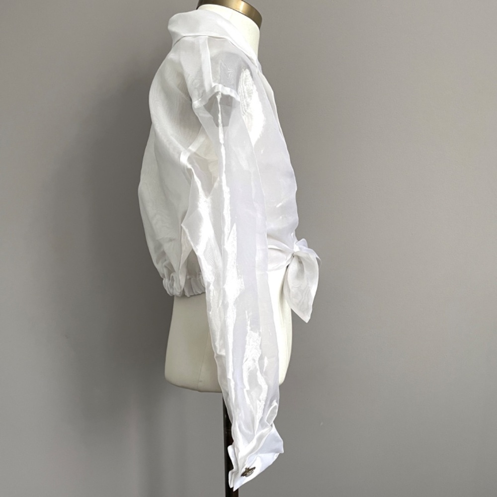 Vintage Sheer White Organza Cropped Tie Blouse - M/L - Picture 5 of 13
